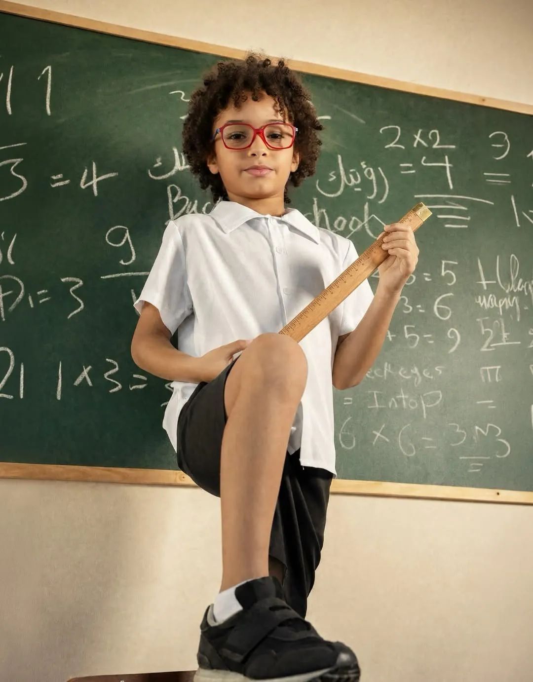 Boy in a red rectangular frame at a chalkboard, holding a wooden ruler