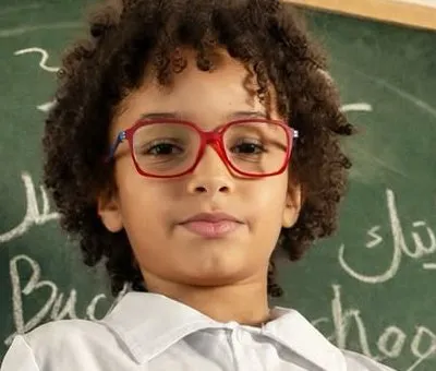 Close-up of the red kids’ frame with blue temples